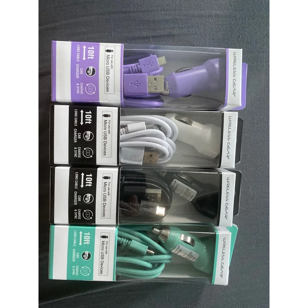 Wireless Gear 4 Pack Car Charger 10ft Micro USB‎ Cable Purple White Black Teal